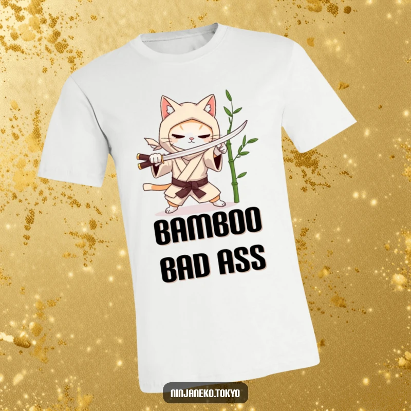Funny t-shirt of a ninja cat in a kimono mock fighting with a bamboo stalk, highlighting martial arts humor. Perfect funny gift.