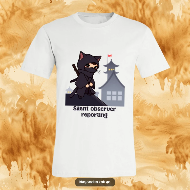 Funny ninja cat in a dark kimono silhouetted on a rooftop, watching intently, featured on a humorous t-shirt.