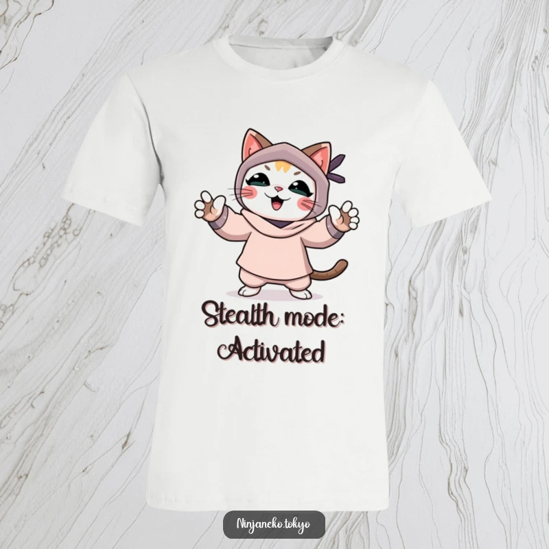 Funny t-shirt showcasing a jubilant ninja cat mid-celebration, paws outstretched after a successful, albeit pretend, mission.