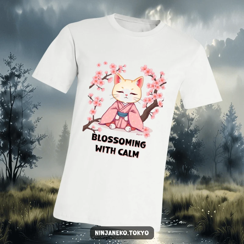 Funny t-shirt showcasing a cat in a kimono meditating peacefully among cherry blossoms, radiating calm and subtle humor.
