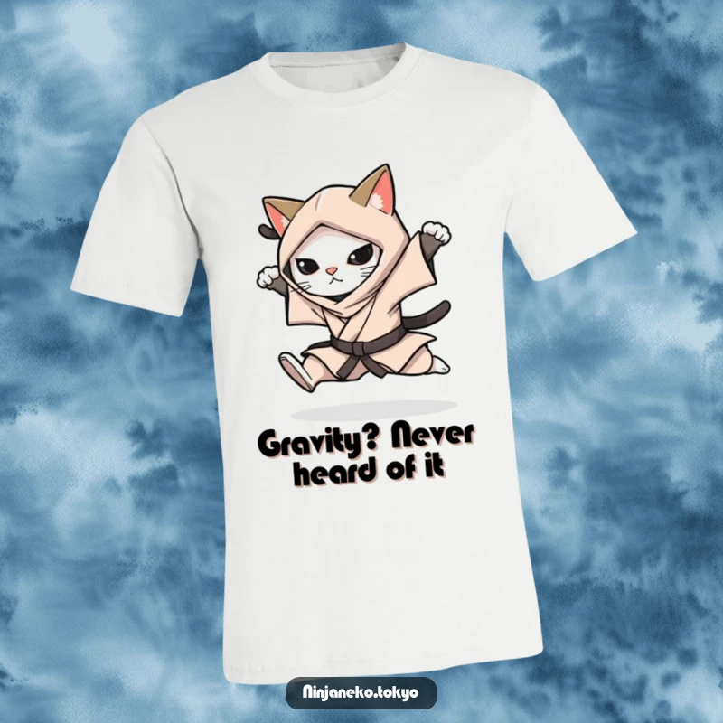Funny t-shirt capturing a ninja cat in a stealthy kimono executing a perfect, silent leap with impressive agility.