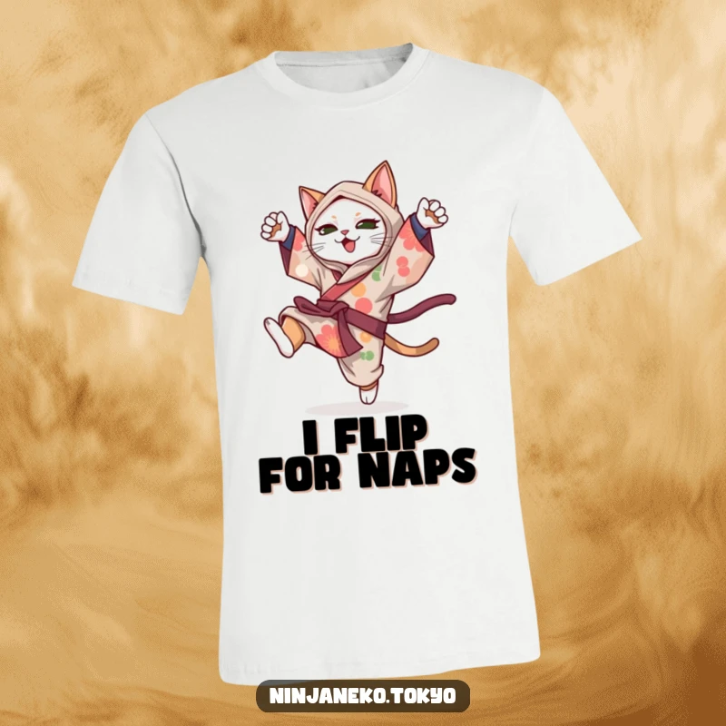 Funny ninja cat in a colorful kimono executing a graceful somersault, showcasing humor and athleticism on this t-shirt.