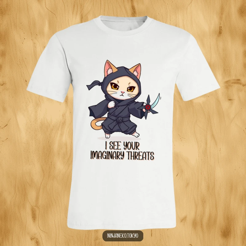 Funny t-shirt depicting a ninja cat in a dark kimono gracefully dodging an imaginary shuriken, showcasing quick reflexes.