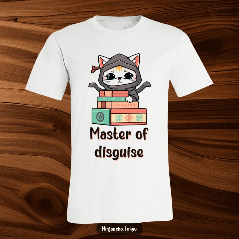 Funny t-shirt showcasing a mischievous ninja cat hiding behind decorative boxes, ready to pounce with humor. A design for the playful and sly.