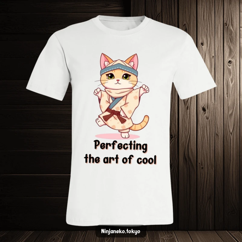 Funny t-shirt depicting a ninja cat in a patterned kimono performing a perfect one-paw balance, demonstrating feline mastery.