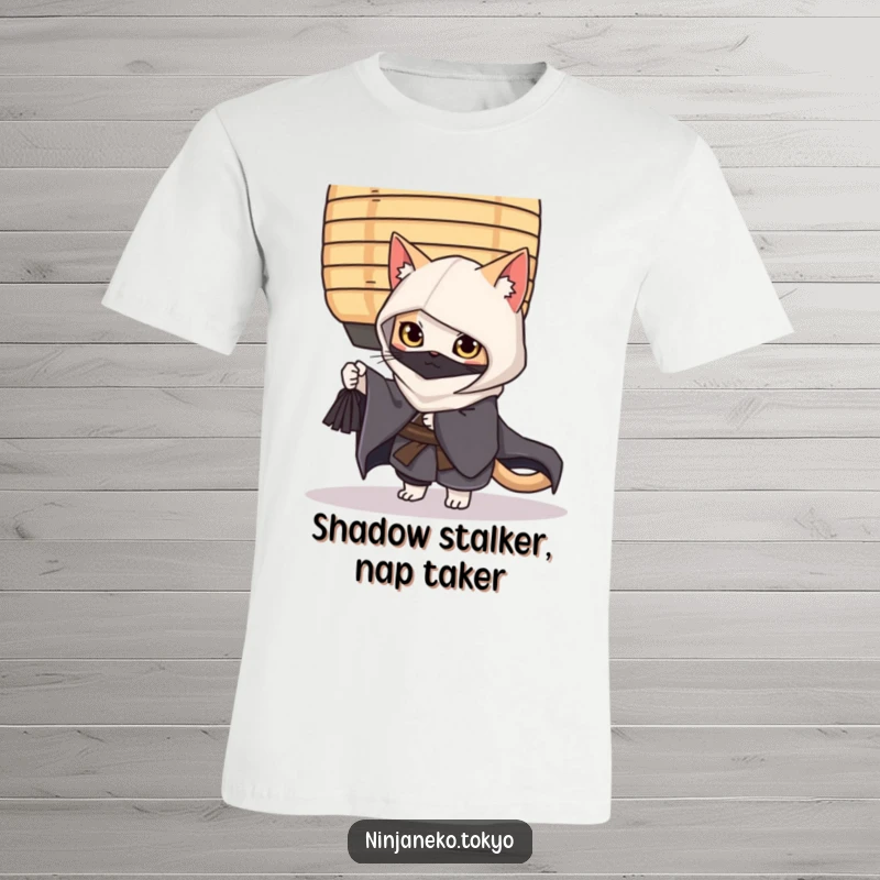 Funny ninja cat wearing a flowing kimono, stealthily peeking from behind a large paper lantern on this comfortable t-shirt.