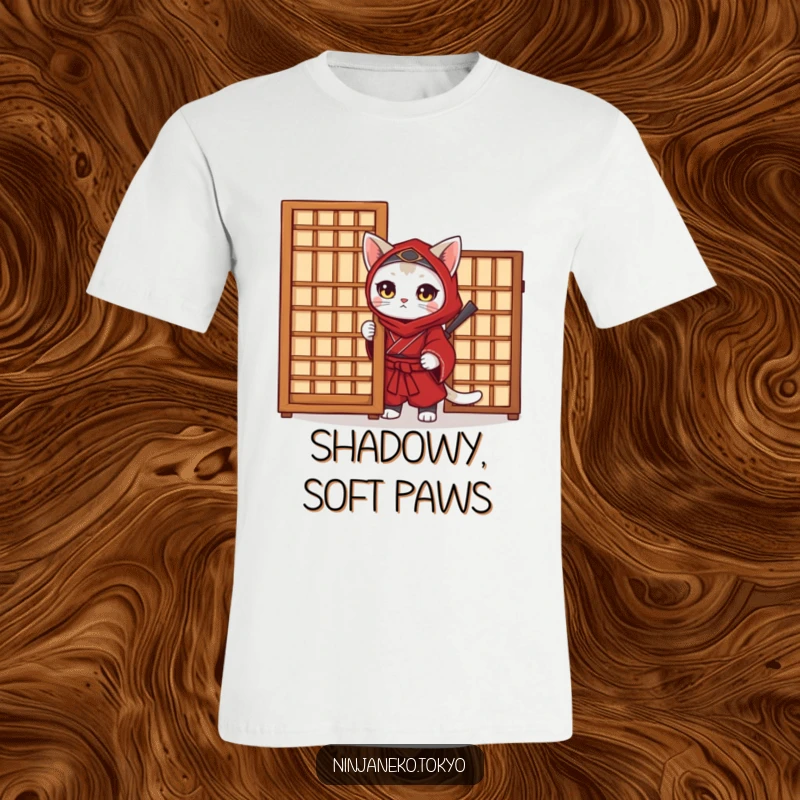 Funny Ninja Cat T-Shirt: A ninja cat in a red kimono peeks out from behind a screen, a funny and stealthy design.