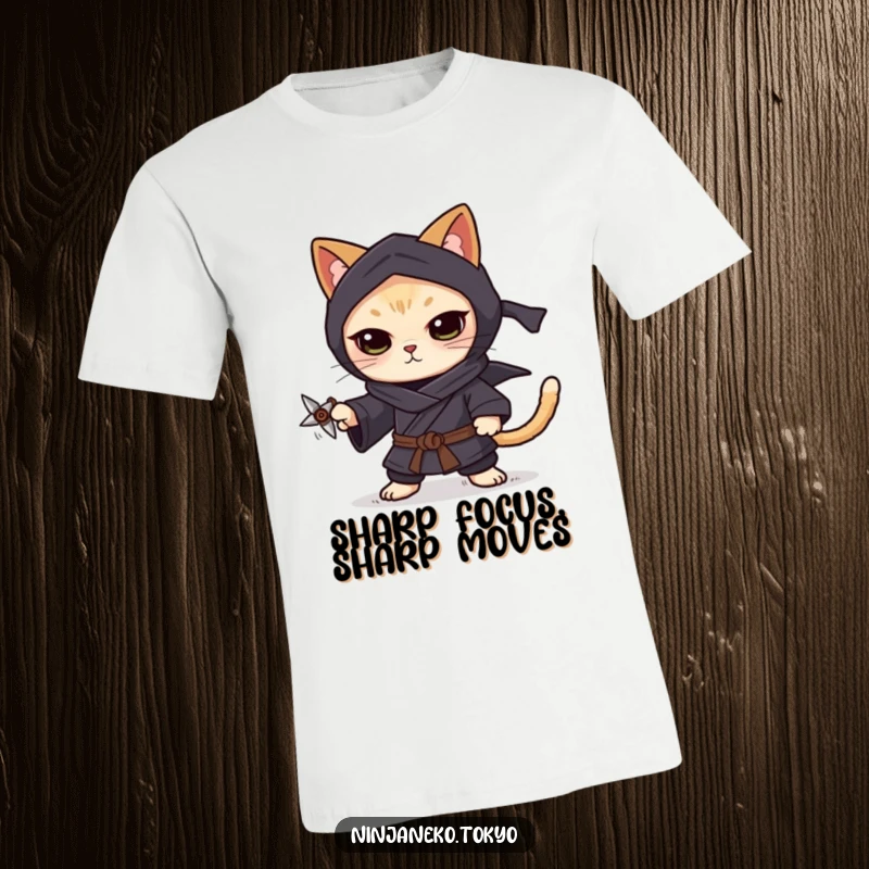 Funny focused ninja cat wearing a dark kimono, balancing a tiny shuriken on its paw, demonstrating skill on this t-shirt.