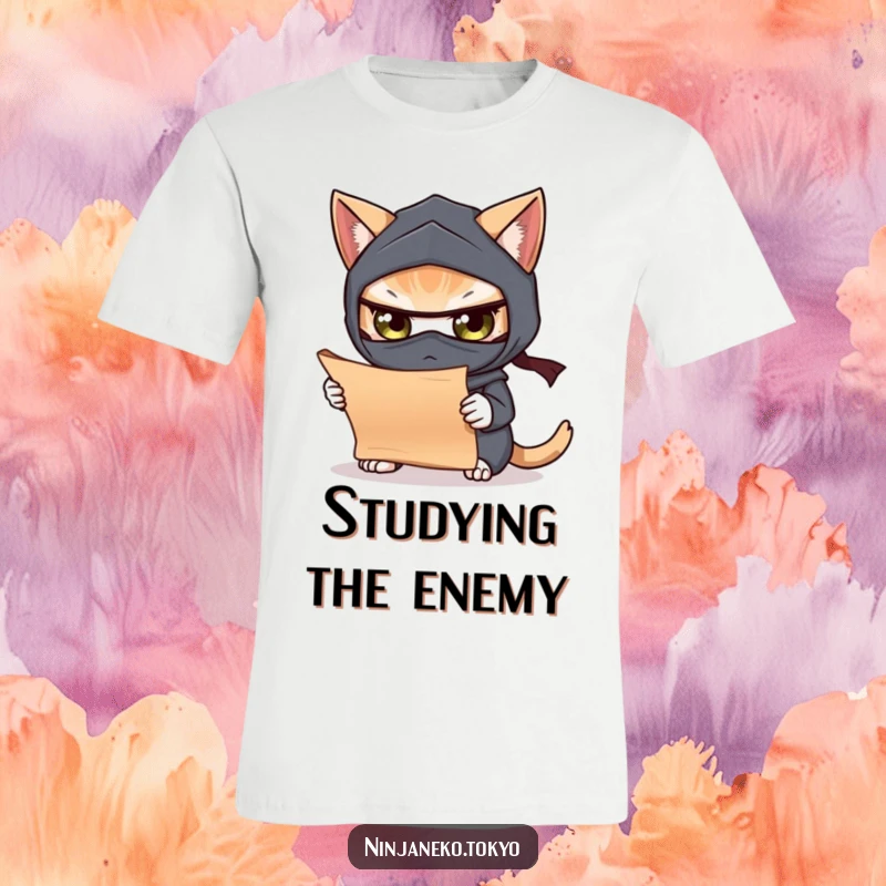 Funny t-shirt showcasing a masked ninja cat with intense eyes, carefully studying a miniature scroll. A design for the detail-oriented and humorous.