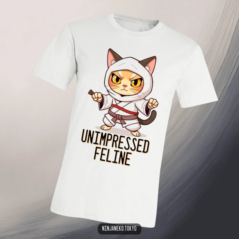 Funny ninja cat in a traditional kimono in a strong defensive stance, looking determined, on this warrior t-shirt.