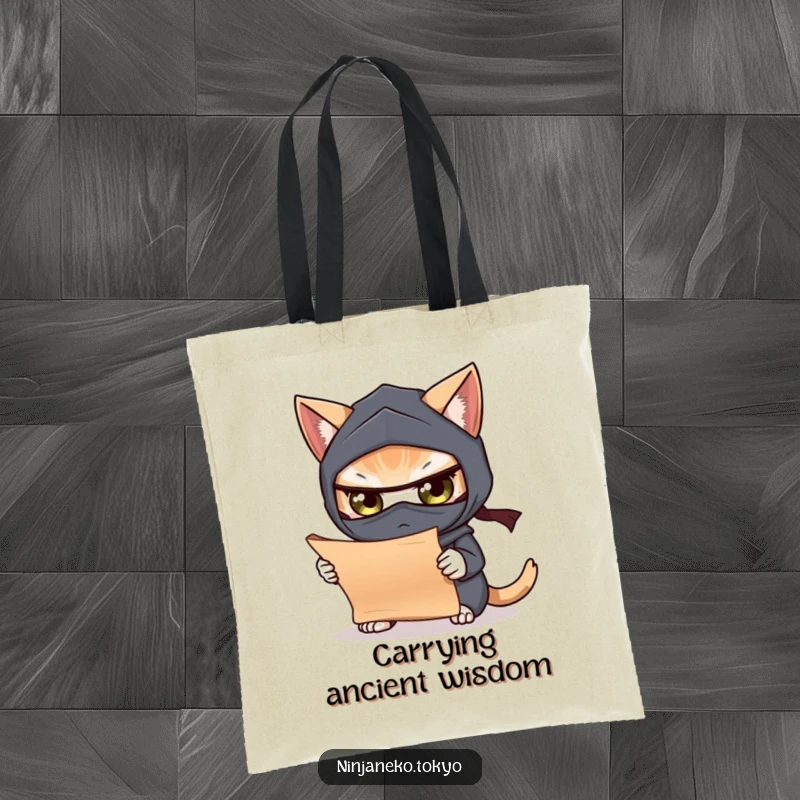Funny tote bag featuring a curious ninja cat examining a scroll, perfect for literature lovers and those with a sense of humor.