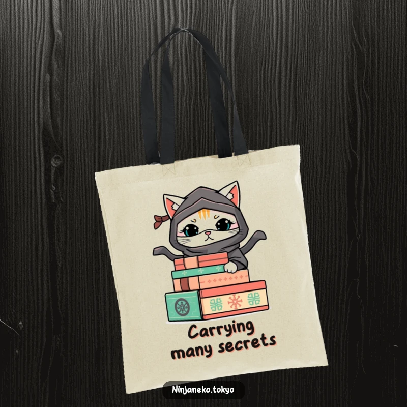 Funny tote bag depicting a ninja cat hiding behind decorative boxes, perfect for carrying items with a humorous and sneaky flair.