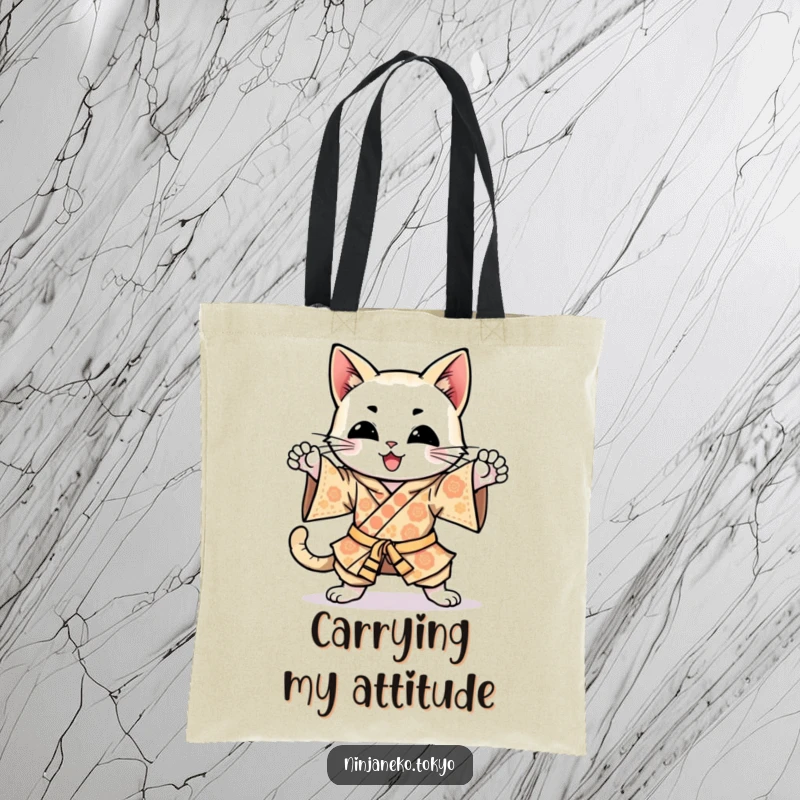 Funny happy cat in a brightly patterned kimono, practicing ninja kicks, making this tote bag a fun and humorous accessory.