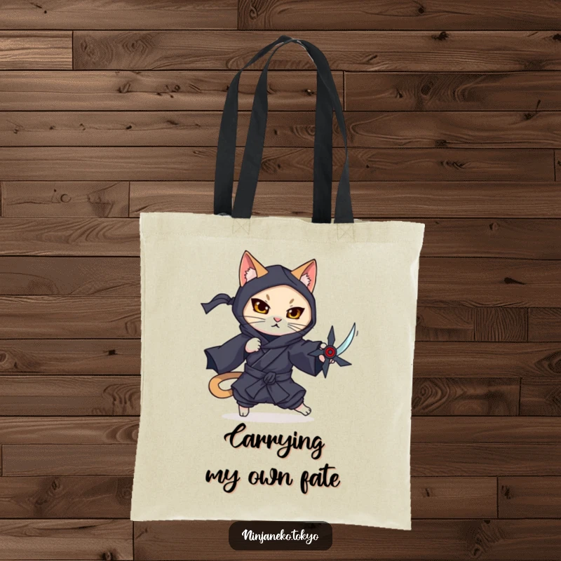 Funny tote bag featuring a ninja cat in a dark kimono gracefully dodging an imaginary shuriken, perfect for daily use.