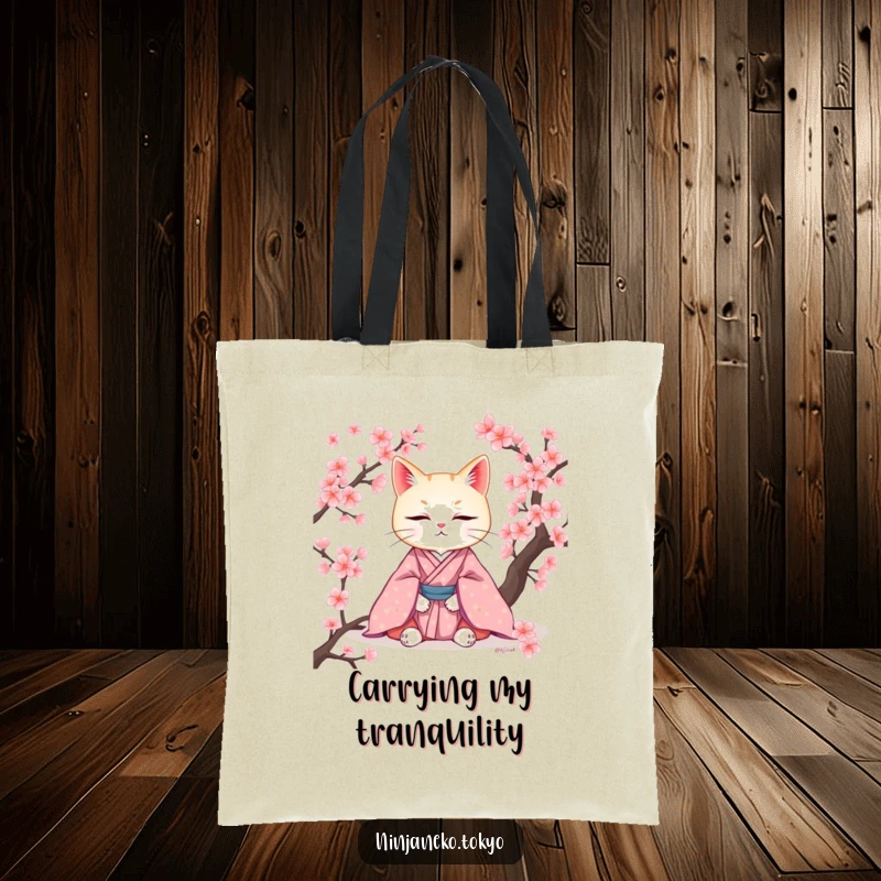 Funny tote bag depicting a cat in a kimono meditating peacefully among cherry blossoms, perfect for carrying essentials with style.