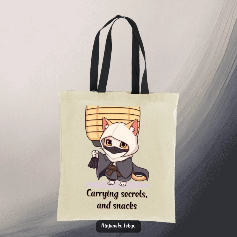Funny ninja cat wearing a kimono, peeking from behind a large paper lantern, making this tote bag a hilarious statement piece.