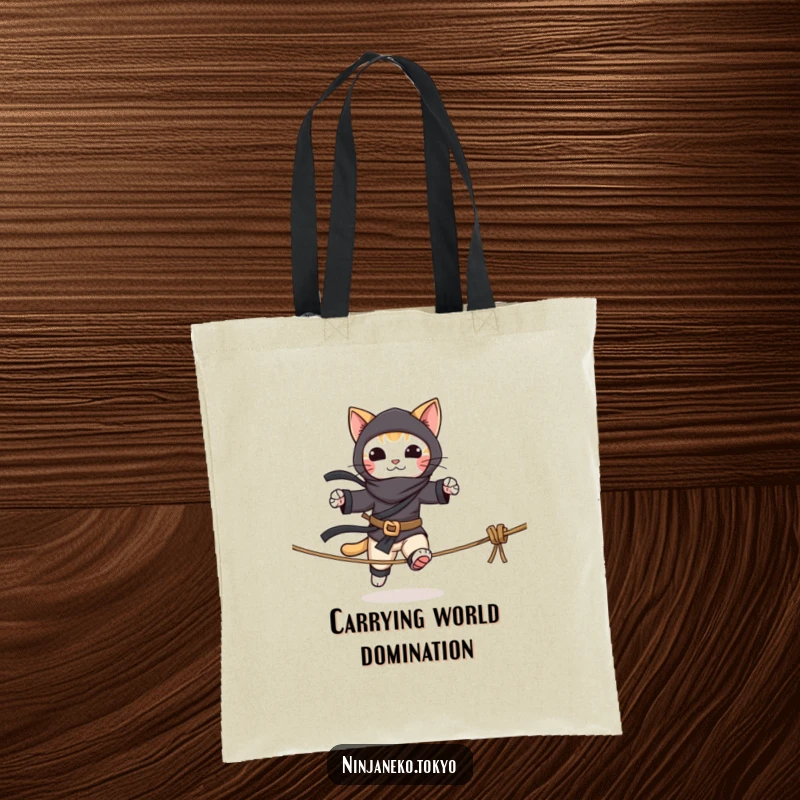 Funny tote bag depicting a ninja cat expertly walking a rope tightrope, ready for any mission with a smile. Stylish and humorous.