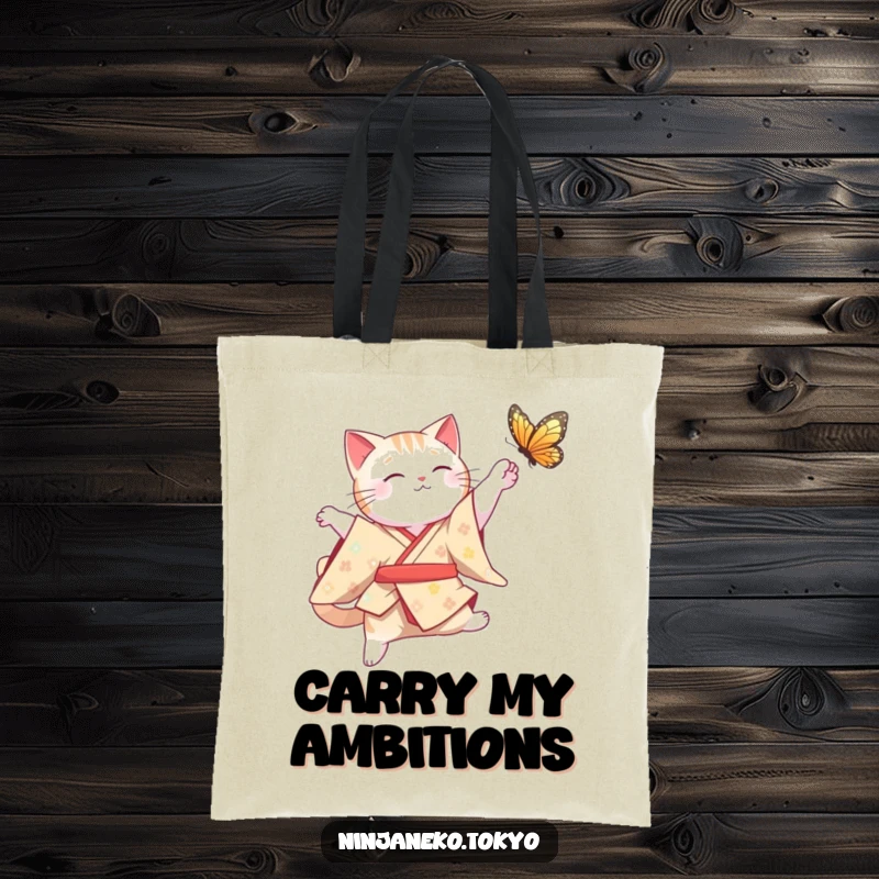 Funny Cat Tote Bag: A graceful cat in a traditional kimono leaps mid-air to catch a butterfly, a humorous and elegant accessory.