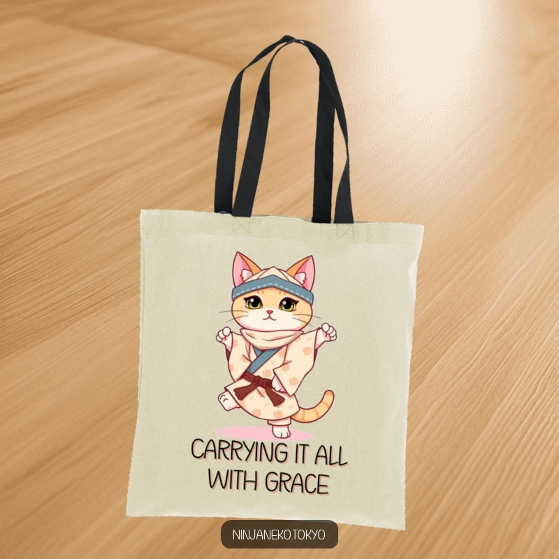 Funny tote bag featuring a ninja cat in a patterned kimono perfectly balancing on one paw, stylish and practical.