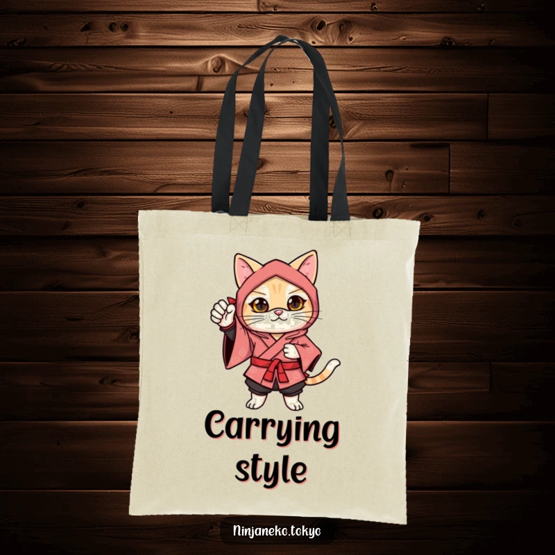 Funny ninja cat in a festive kimono striking a confident pose with one paw raised, a humorous and practical tote bag.