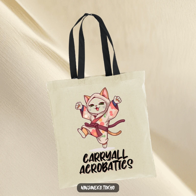 Funny ninja cat in a colorful kimono doing a dynamic somersault, a humorous and practical tote bag design.