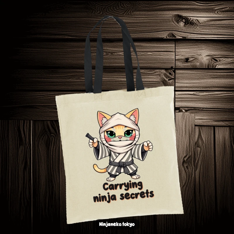 Funny Ninja Cat Tote Bag: A determined cat in a striped kimono strikes a ninja pose, a humorous and practical accessory for the stealthy.