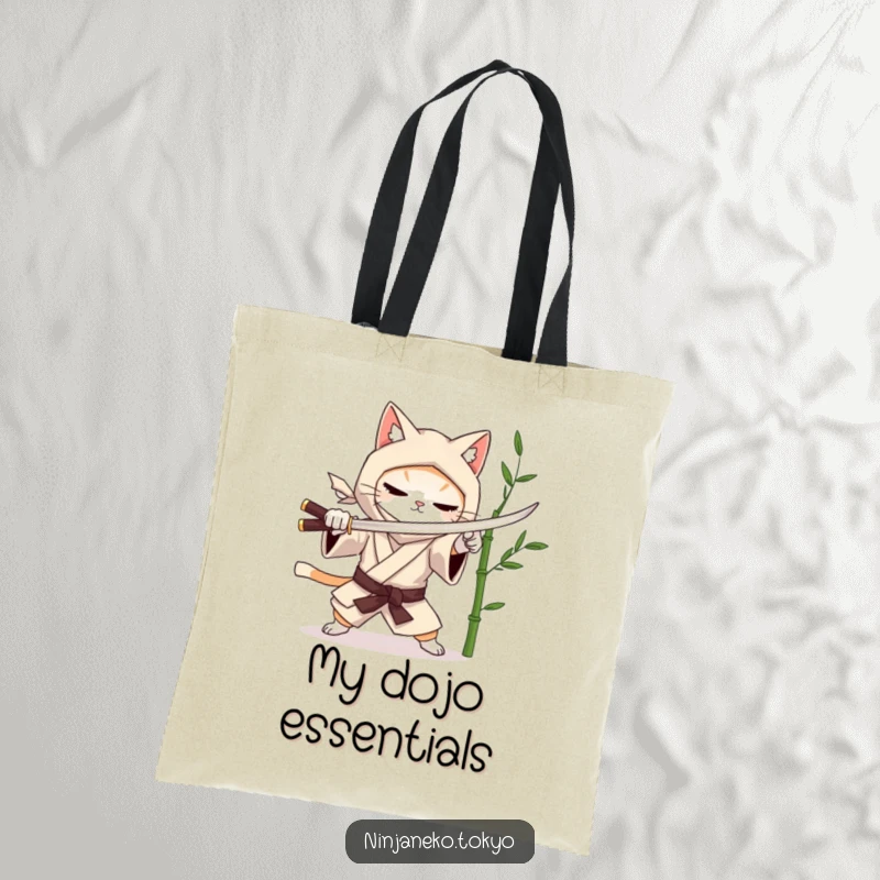 Funny tote bag showing a ninja cat in a kimono mock sword fighting a bamboo stalk, combining humor and style. Excellent funny gift.