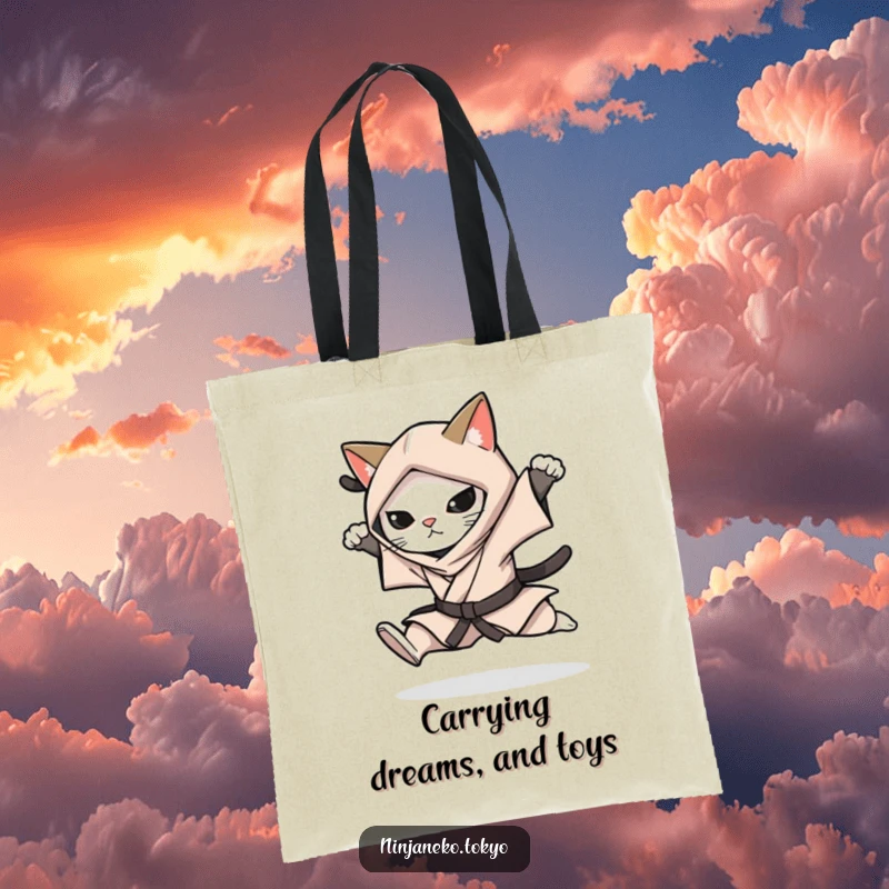 Funny tote bag featuring a ninja cat in a stealthy kimono performing a silent leap, perfect for carrying anything with flair.