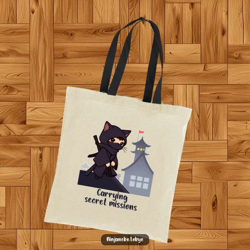 Funny ninja cat in a dark kimono silhouetted on a rooftop, on a tote bag, perfect for carrying secrets.
