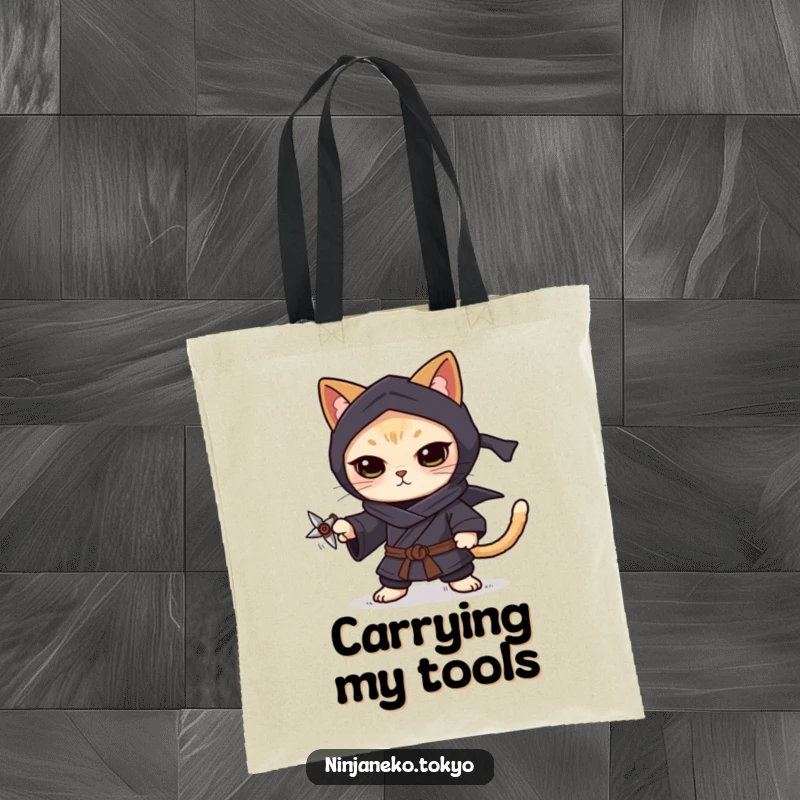 Funny ninja cat wearing a dark kimono, balancing a tiny shuriken on its paw, perfect for this stylish and humorous tote bag.