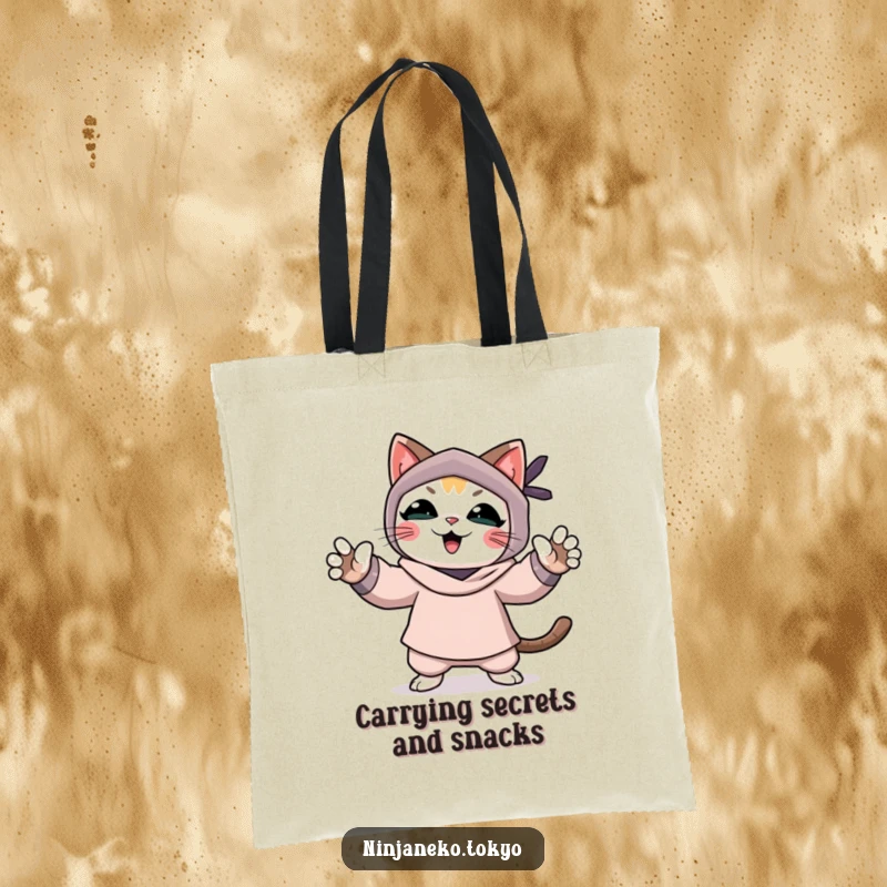 Funny tote bag featuring a joyful ninja cat proudly celebrating a successful pretend mission with outstretched paws.