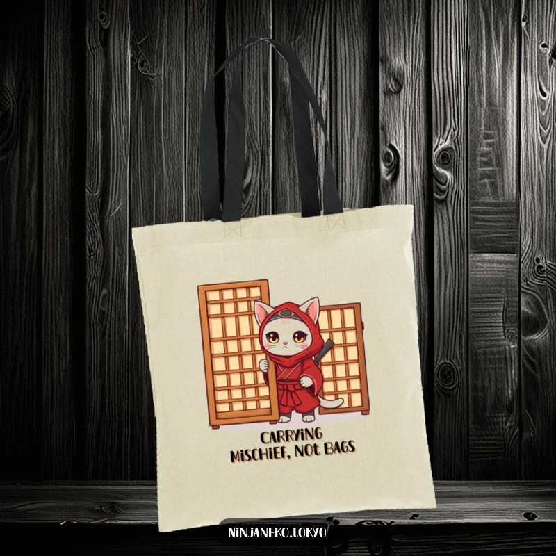Funny Ninja Cat Tote Bag: A red kimono ninja cat peeks from behind a screen, a humorous and practical tote for everyday missions.
