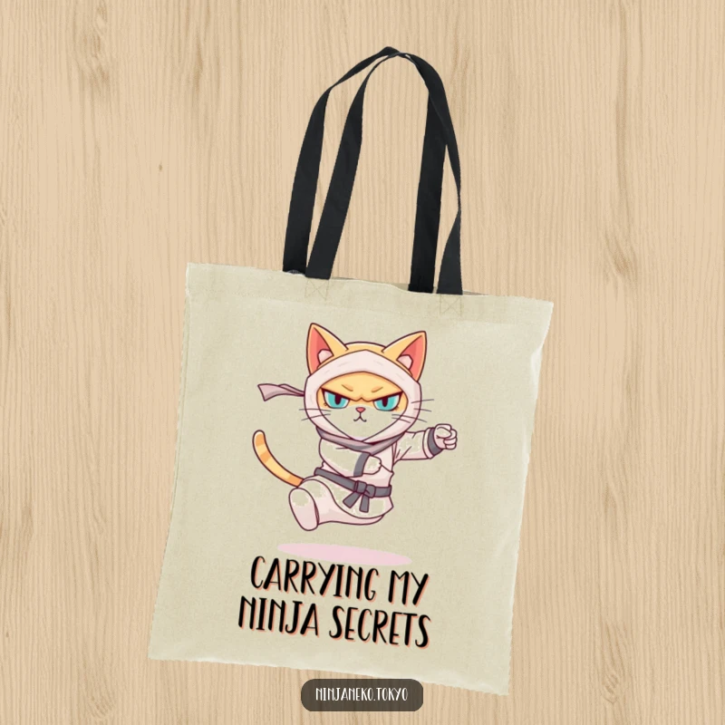 Funny tote bag featuring a determined ninja cat preparing a swift kick, emphasizing agility and humor. A practical and amusing accessory.