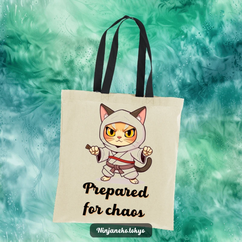 Funny ninja cat in a traditional kimono in a determined defensive stance, a powerful and practical tote bag.